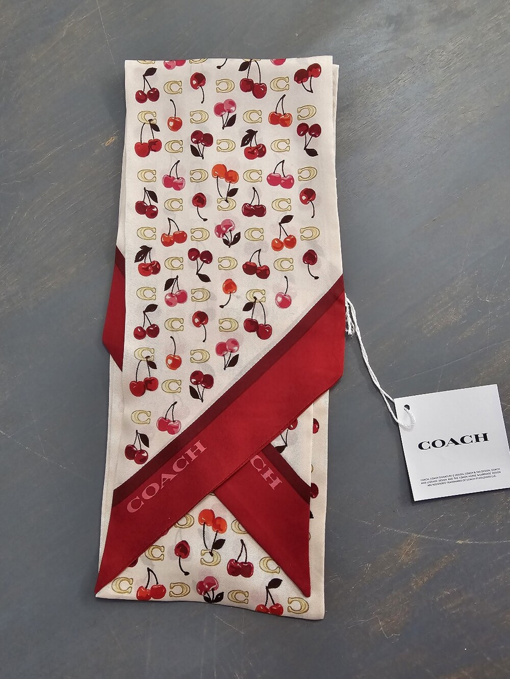 Coach Cherry Print Silk Scarf in Red and Cream